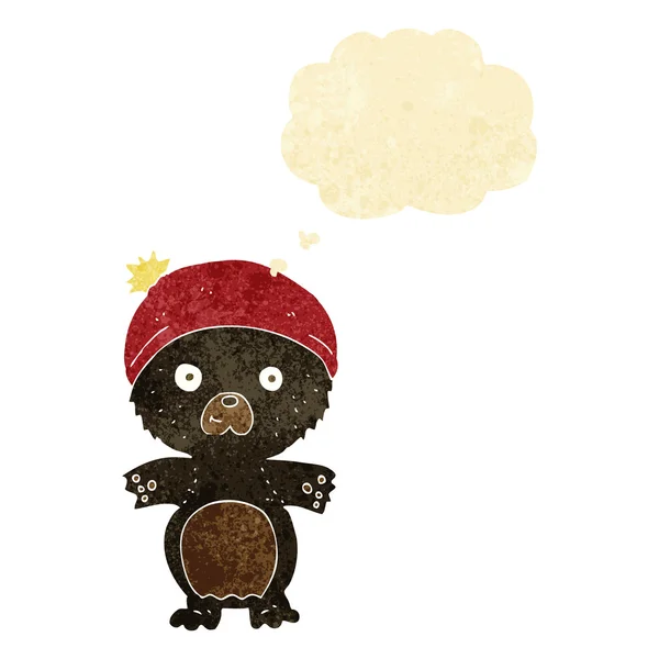 Dibujos animados lindo oso negro en sombrero con burbuja de pensamiento — Vector de stock