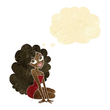 Düşünce baloncuğu olan güzel bir kadın.