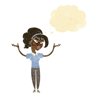 düşünce balonu ile havada eller yükselterek çizgi film kadın
