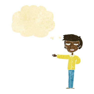 Düşünce baloncuğuyla el kol hareketi yapan çizgi film adamı.