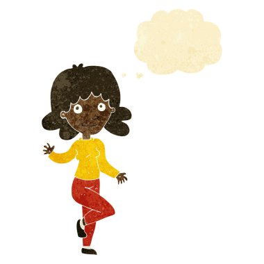 Çizgi film dostu kadın düşünce balonuyla el sallıyor.