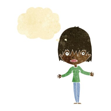 Çizgi filmdeki kadın düşünce balonuyla omuz silkiyor.