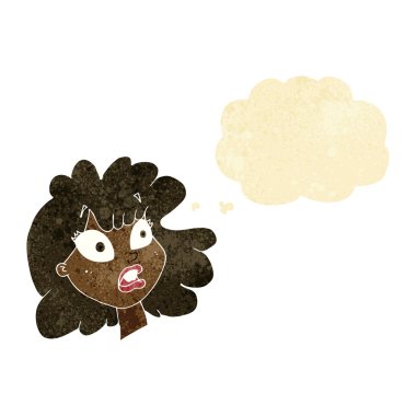 Düşünce baloncuğuyla kadın yüzü şok oldu.