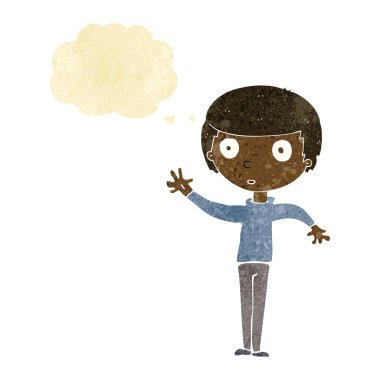 Düşünce kabarcığı olan çizgi film çocuğu.