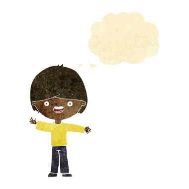 Düşünce baloncuğu olan mutlu çocuk.