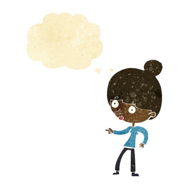 Çizgi film kadını düşünce balonunu işaret ediyor.