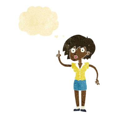 Düşünce baloncuğu sorusu olan karikatür kadın.