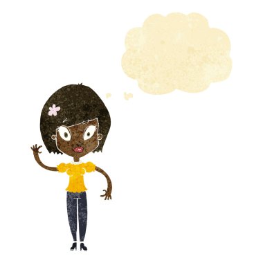 Düşünce baloncuğuyla el sallayan güzel kadın.