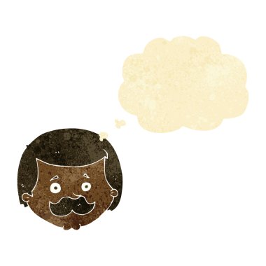 Düşünce baloncuklu bıyıklı çizgi film adamı.