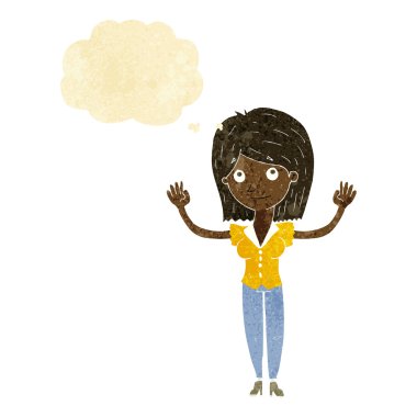 Düşünce baloncuğuyla el ele tutuşan çizgi film kadını.