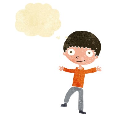 Düşünce baloncuğu olan mutlu çocuk.