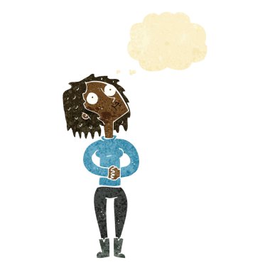 Karikatür kadını düşünce baloncuğuyla yukarı bakıyor.