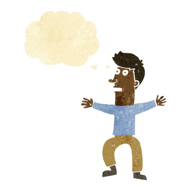 Düşünce baloncuğu olan ürkmüş bir adam.