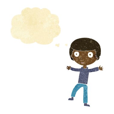 Düşünce baloncuğu olan ürkmüş bir çocuk.