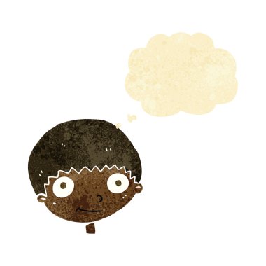 Düşünce baloncuğu olan mutlu çocuk.