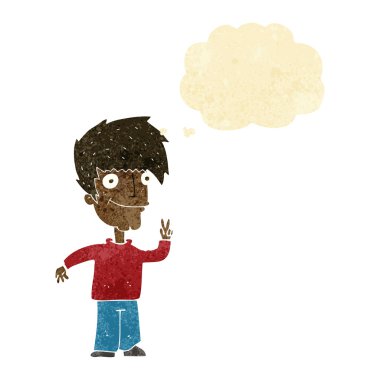 düşünce balonu ile barış işareti veren çizgi film adam