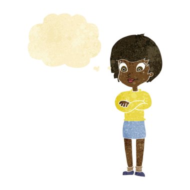 Düşünce baloncuğu olan gururlu bir kadın.