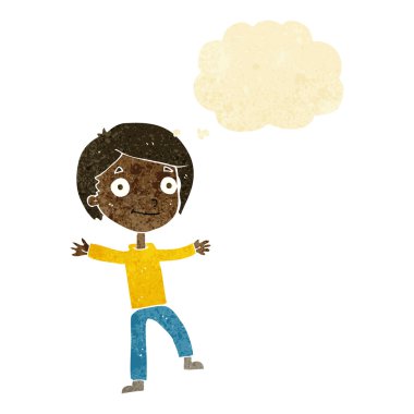 Düşünce baloncuğu olan heyecanlı çocuk.