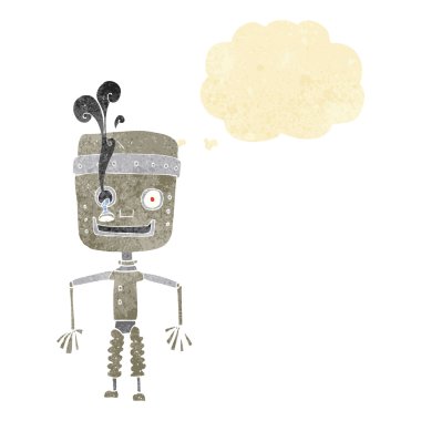 Hatalı çalışan robot düşünce balonu ile çizgi film