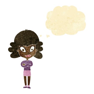 Düşünce baloncuğu ile kollarını kavuşturmuş mutlu kadın çizgi filmi.