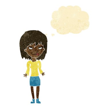 Çizgi filmdeki kadın düşünce balonuyla omuz silkiyor.