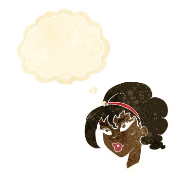 Düşünce baloncuğu olan güzel bir kadın.