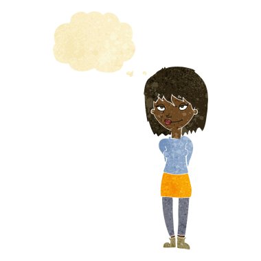 Düşünce baloncuğu olan mutlu çizgi film kadını