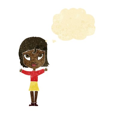 Düşünce baloncuğuyla kollarını açmış çizgi film kadını.