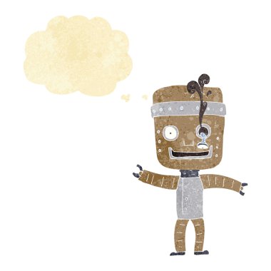 Düşünce baloncuklu komik yaşlı robot.