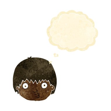 Düşünce baloncuğu olan meraklı çocuk