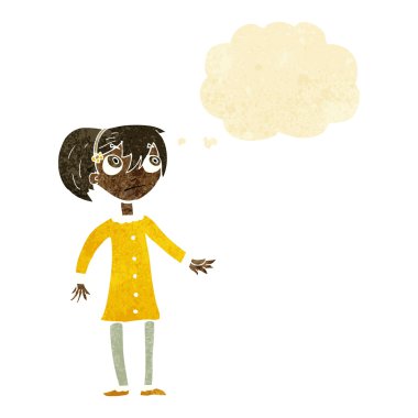 Düşünce kabarcığı olan endişeli bir kız.