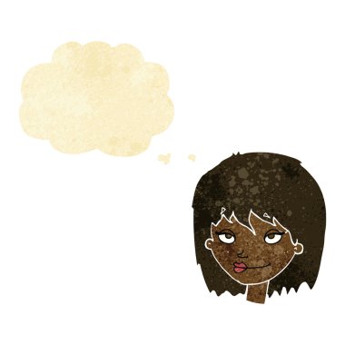 Düşünce baloncuğu olan gülümseyen kadın.