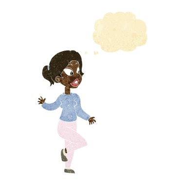 Çizgi film dostu kadın düşünce balonuyla el sallıyor.