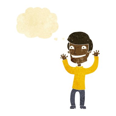 Düşünce baloncuğu olan heyecanlı bir adam.