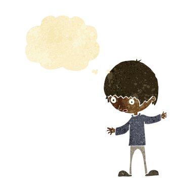 Düşünce baloncuğuyla kollarını açmış çizgi film çocuğu.