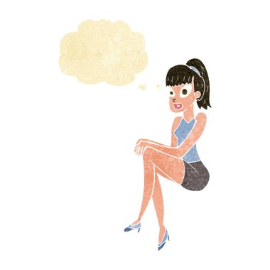 Düşünce baloncuğu olan güzel bir kadın.