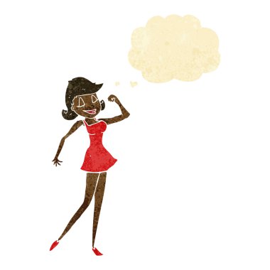 Çizgi filmdeki kadın düşünce baloncuğuyla tavır yapabilir.