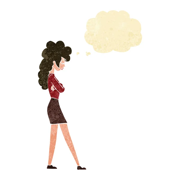 Cartone animato donna infastidito con bolla di pensiero — Vettoriale Stock