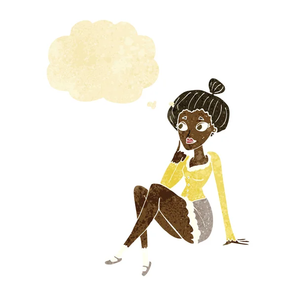 Cartone animato donna attraente seduto pensando con bolla di pensiero — Vettoriale Stock