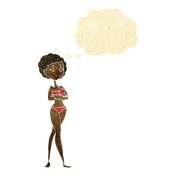 Desenho animado mulher retro em biquíni com bolha de pensamento — Vetor de Stock