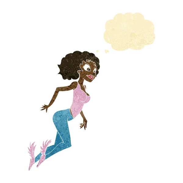 Desenhos animados voando mulher com bolha pensamento — Vetor de Stock