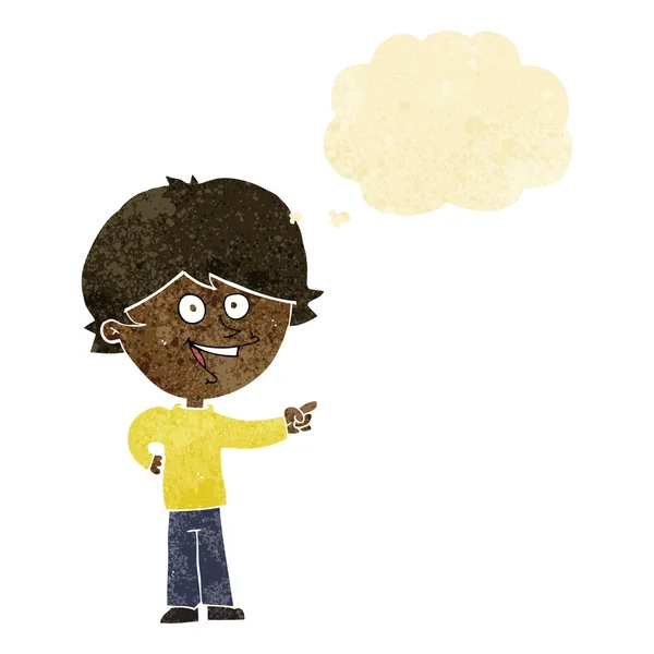 Niño de dibujos animados riendo y señalando con burbuja de pensamiento — Archivo Imágenes Vectoriales