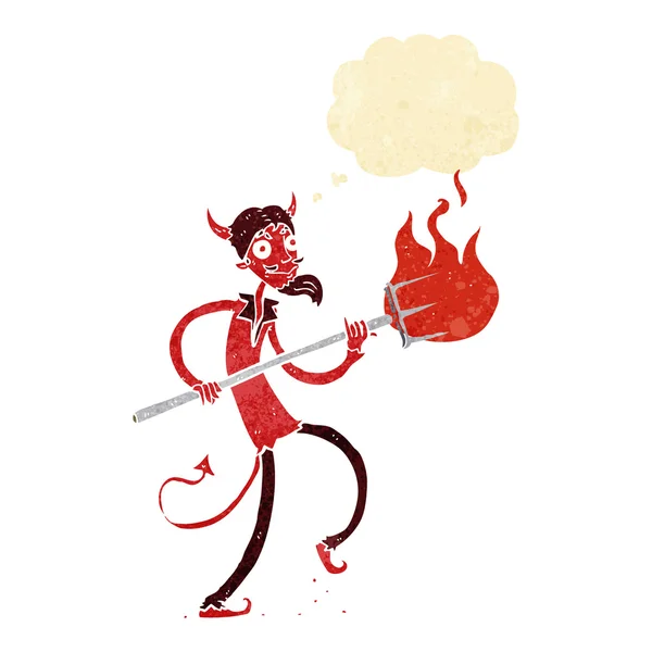 Cartoon-Teufel mit Mistgabel mit Gedankenblase — Stockvektor