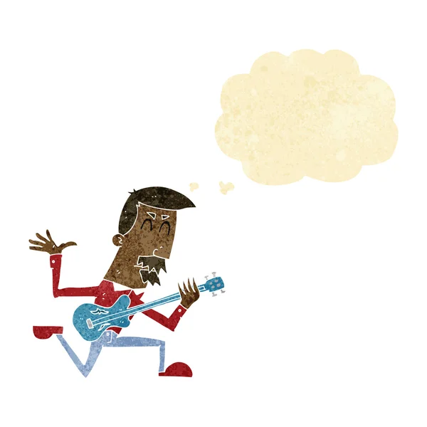 Hombre de dibujos animados tocando la guitarra eléctrica con burbuja de pensamiento — Vector de stock