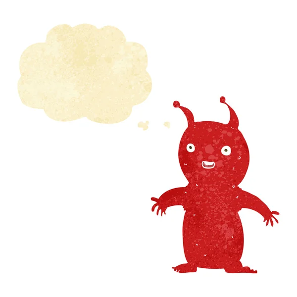 Desenho animado pequeno alienígena feliz com bolha de pensamento — Vetor de Stock