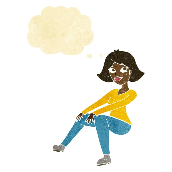 Мультфильм счастливая женщина сидит с мыслей пузырь — стоковый вектор