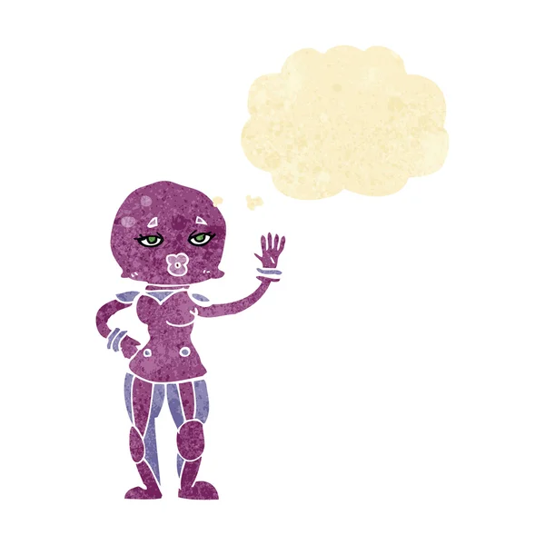 Cartoon vrouwelijke astronaut met gedachte zeepbel — Stockvector