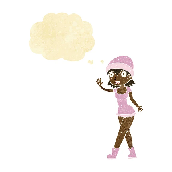 Cartone animato bella ragazza in cappello agitando con bolla di pensiero — Vettoriale Stock