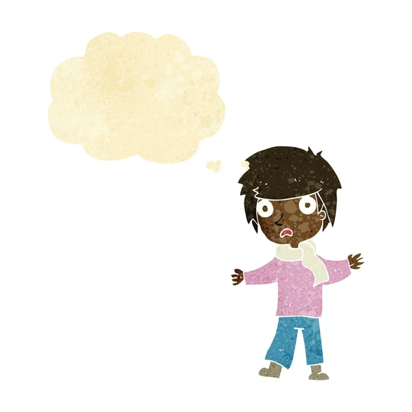 Dibujos animados niño infeliz con burbuja de pensamiento — Archivo Imágenes Vectoriales