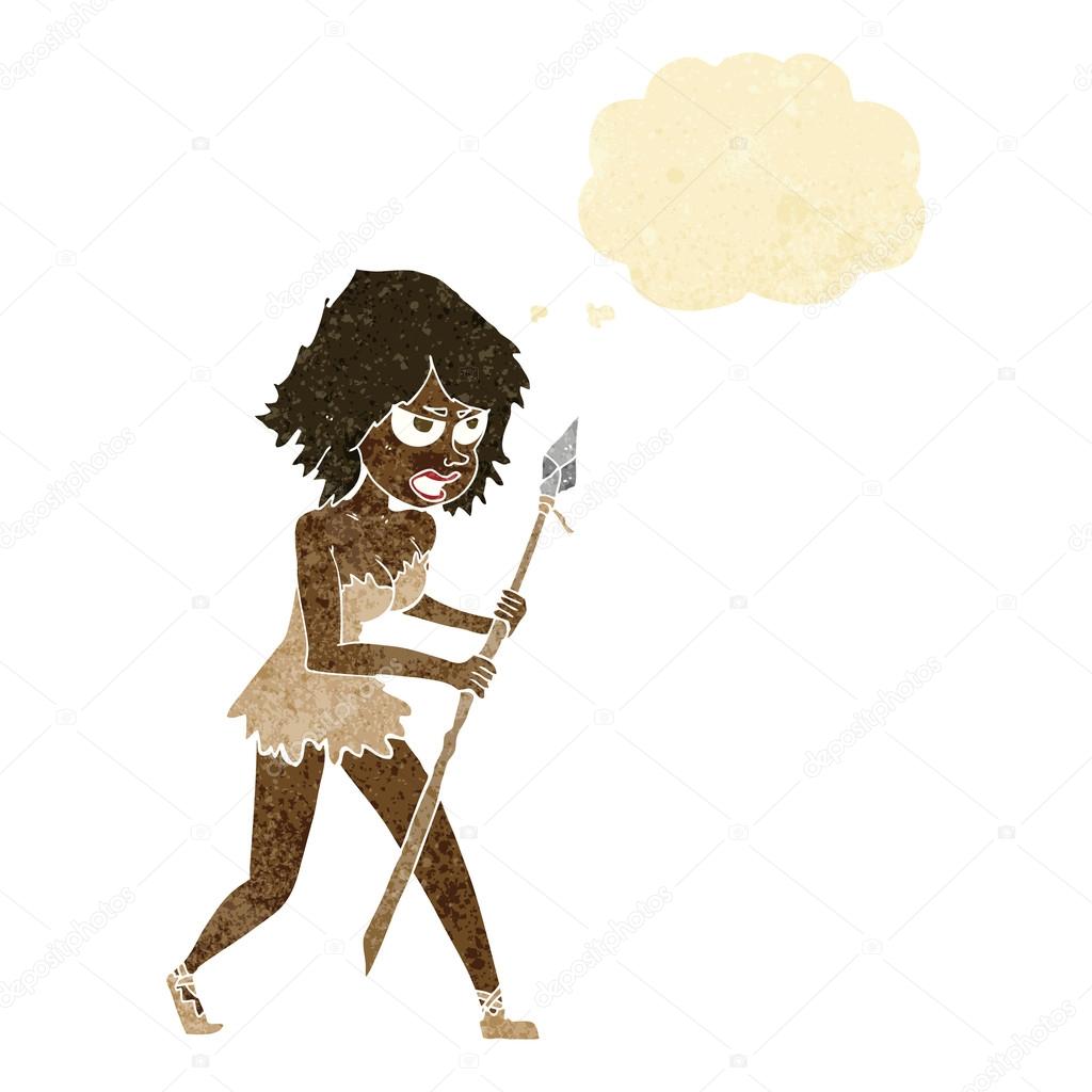 cartoon cave girl with thought bubble